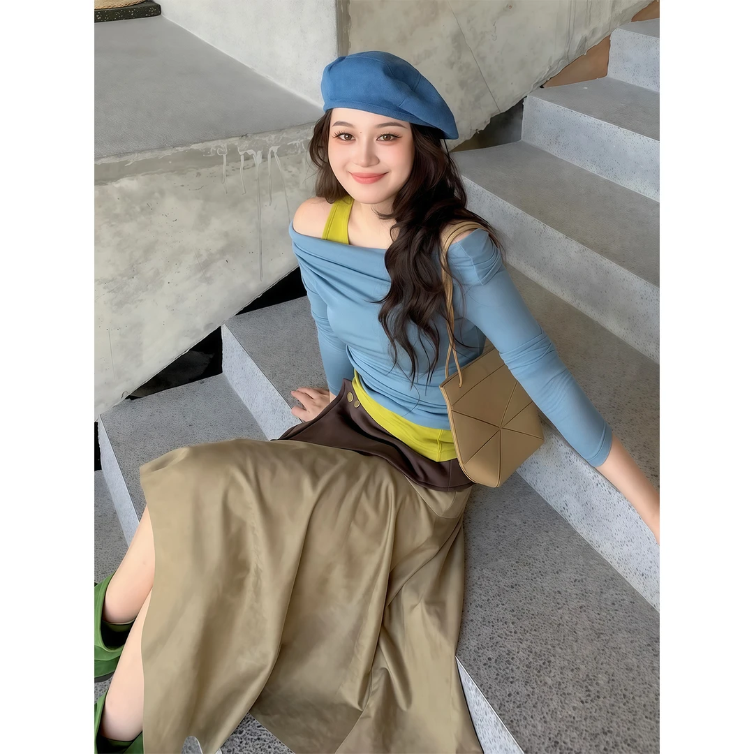 纯欲辣妹风一字领撞色假两件露肩T恤女早秋新款修身显瘦内搭上衣