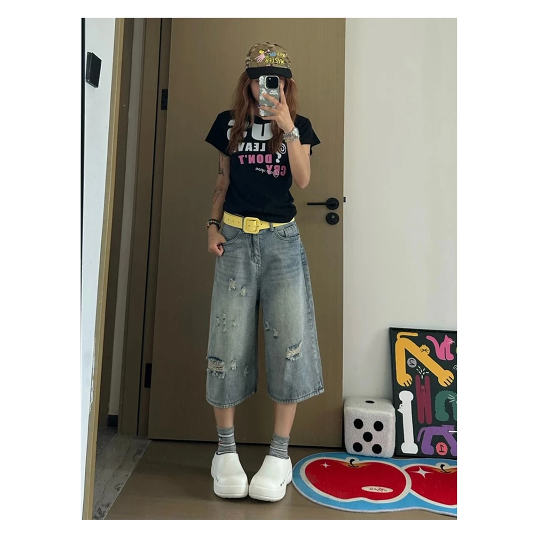 浅蓝无弹力夏季高腰磨破洞七分裤宽松阔腿牛仔裤直筒女中裤休闲