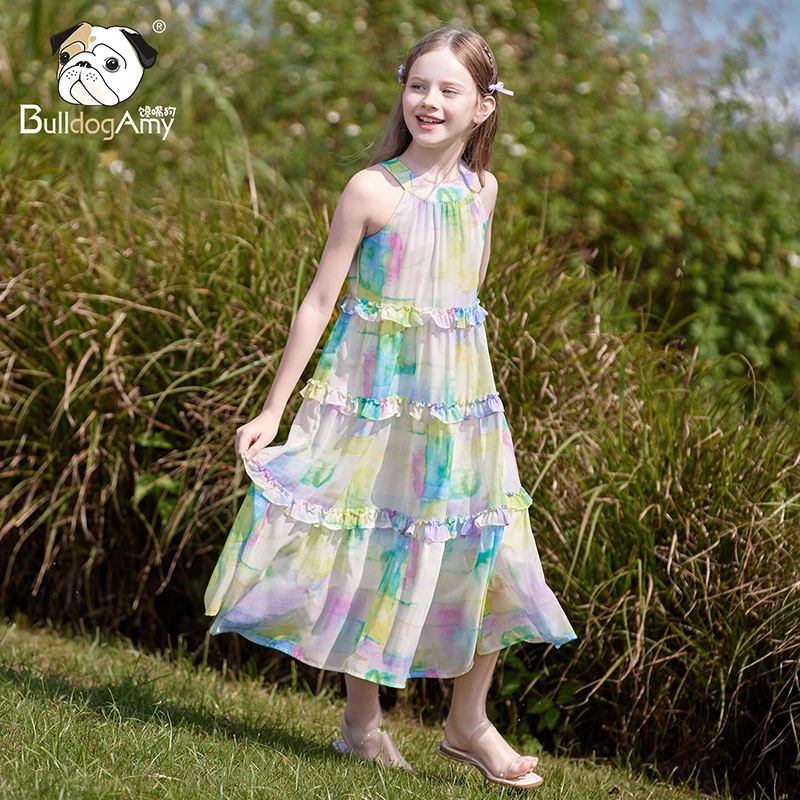 QF942049女童多巴胺连衣裙2025夏季新款洋气儿童无袖度假风裙子