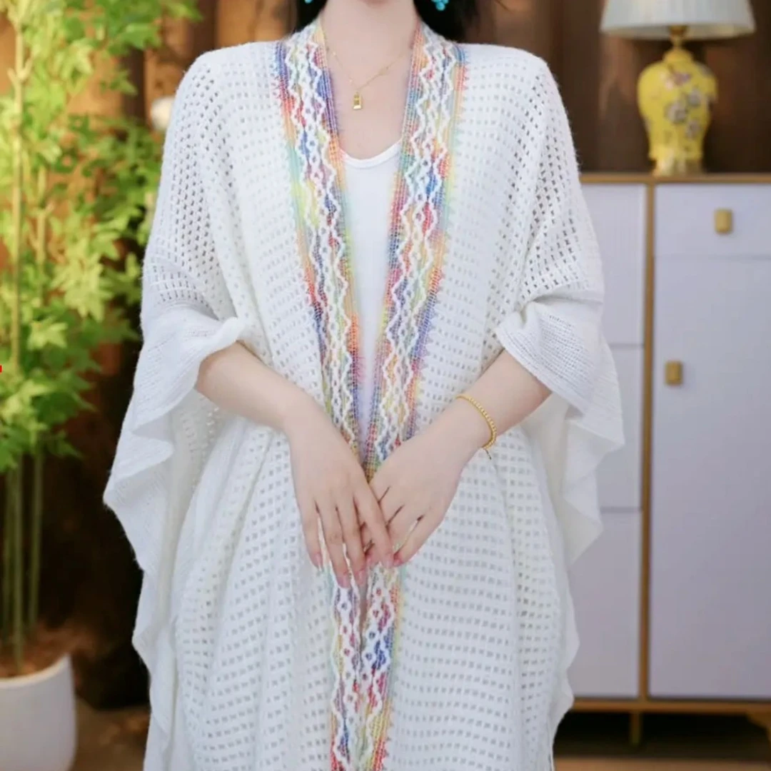 H【店长推荐】新款民族披肩针织开衫时尚西藏百搭流苏镂空气质旅