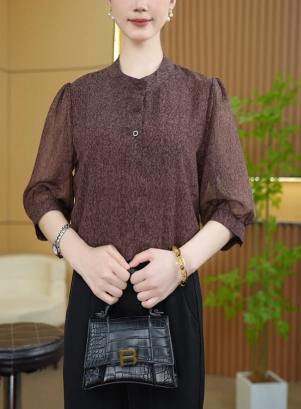 新款宽松印花美拉德棕上衣显瘦百搭优雅气质衬衫8507