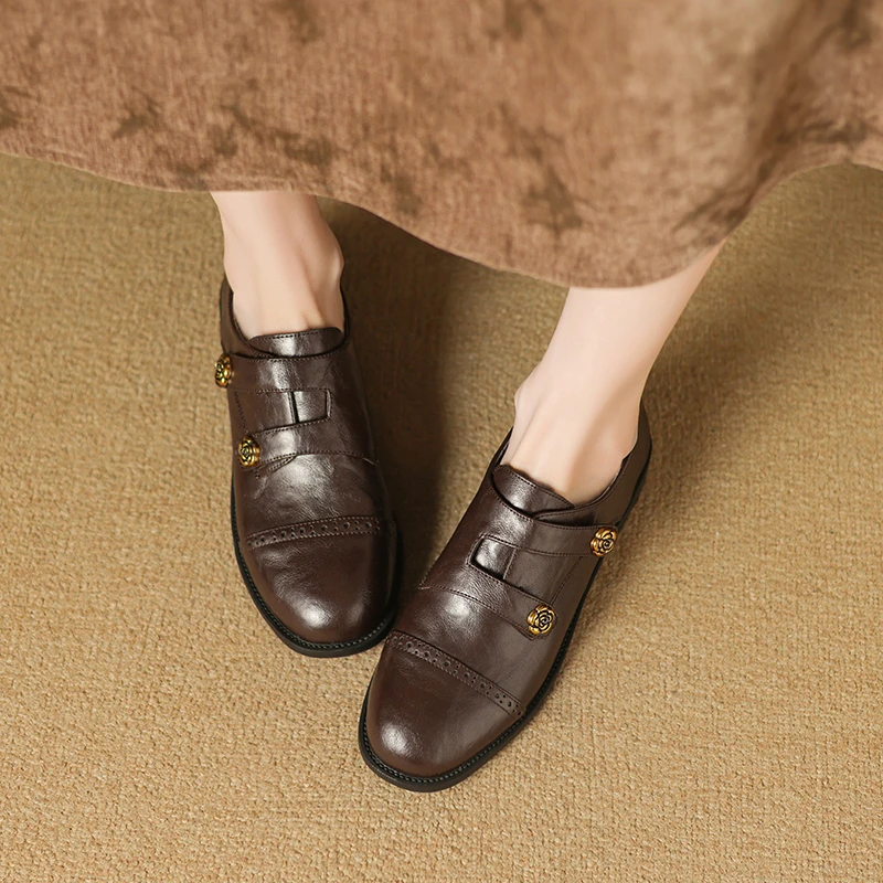 英伦赫本风小皮鞋女平底粗跟皮带扣2025新款百搭真皮时尚乐福鞋
