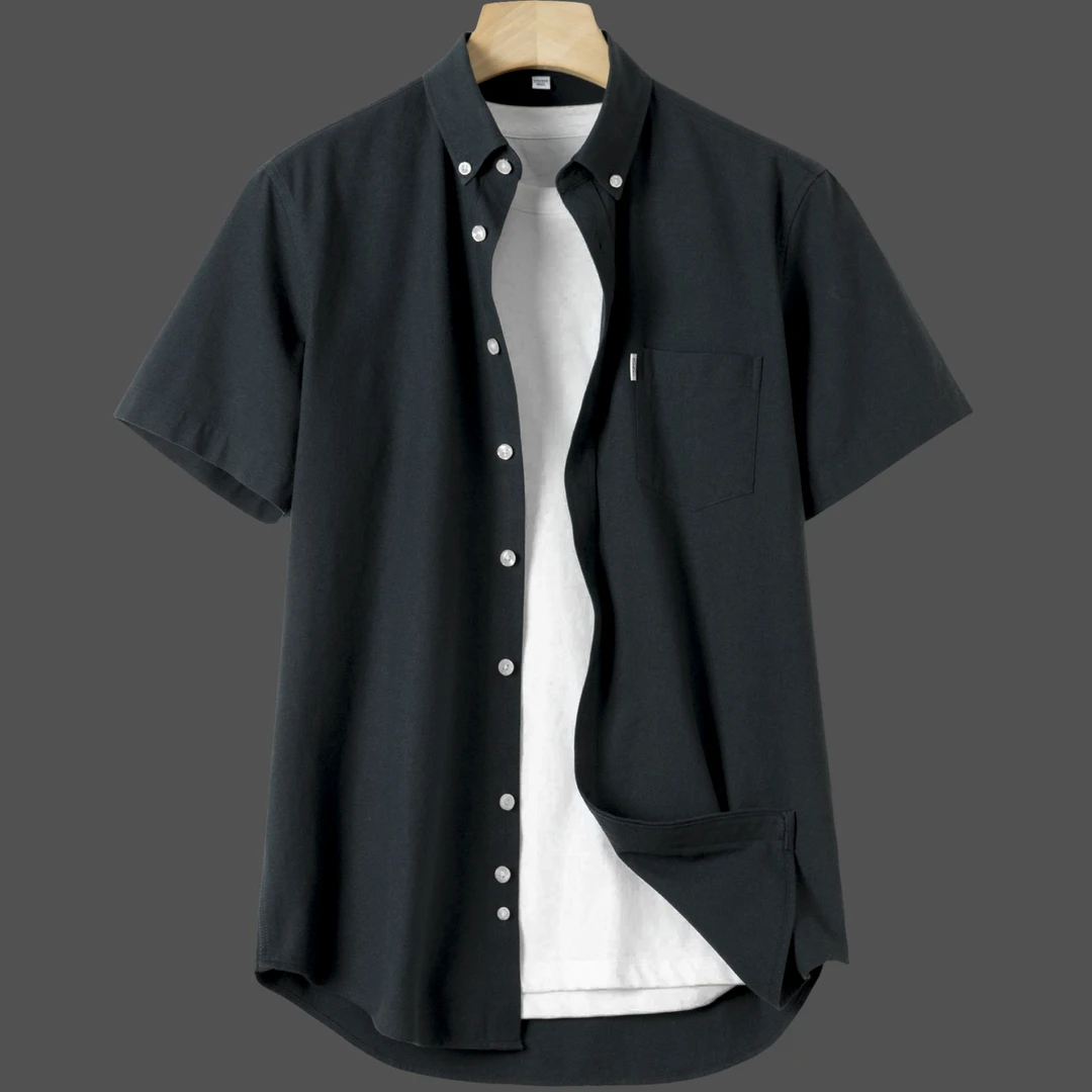 夏季短袖男士纯色翻领纯棉牛津纺衬衣简约百搭宽松休闲男装中青年
