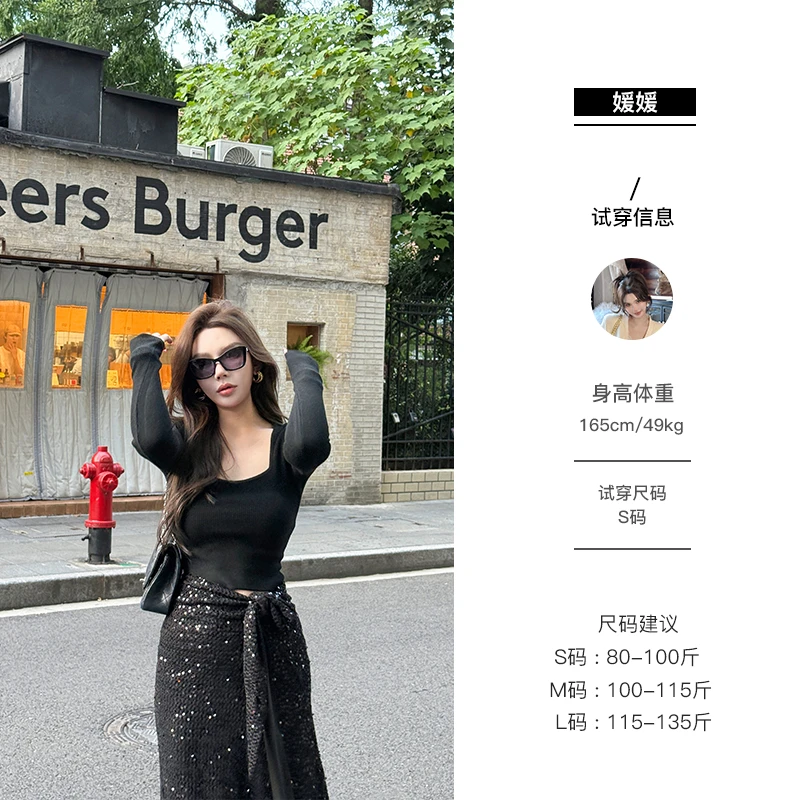 媛媛【纤云脖颈】秋季简约方领设计感上衣气质针织黑色毛衣女#M0524