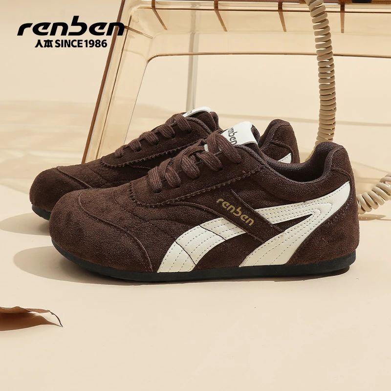 人本棕色德训鞋女2025秋季新款休闲鞋平底百搭时尚设计感赛车鞋潮