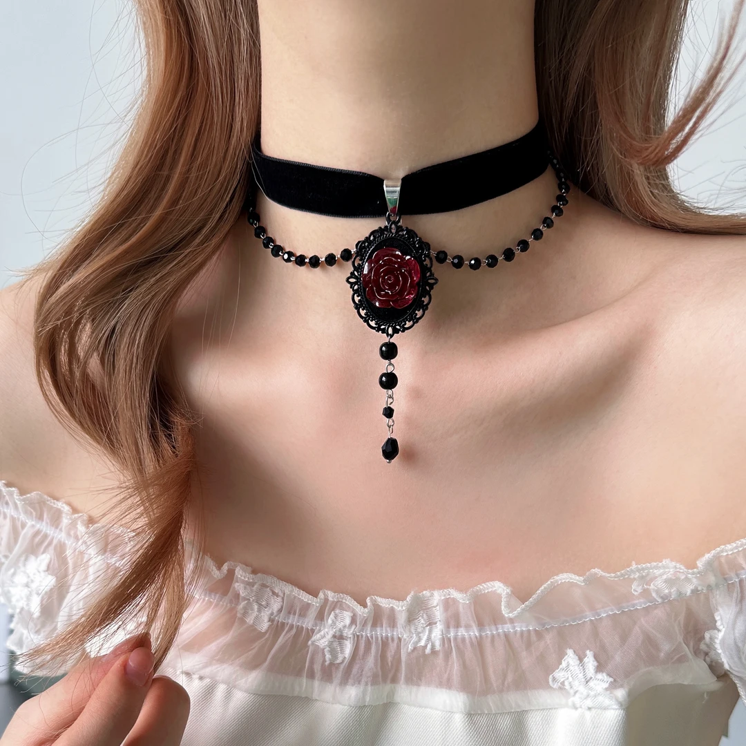 合金布艺项链 X5615-1时尚潮流暗黑气质朋克亚文化叠戴玫瑰花项链