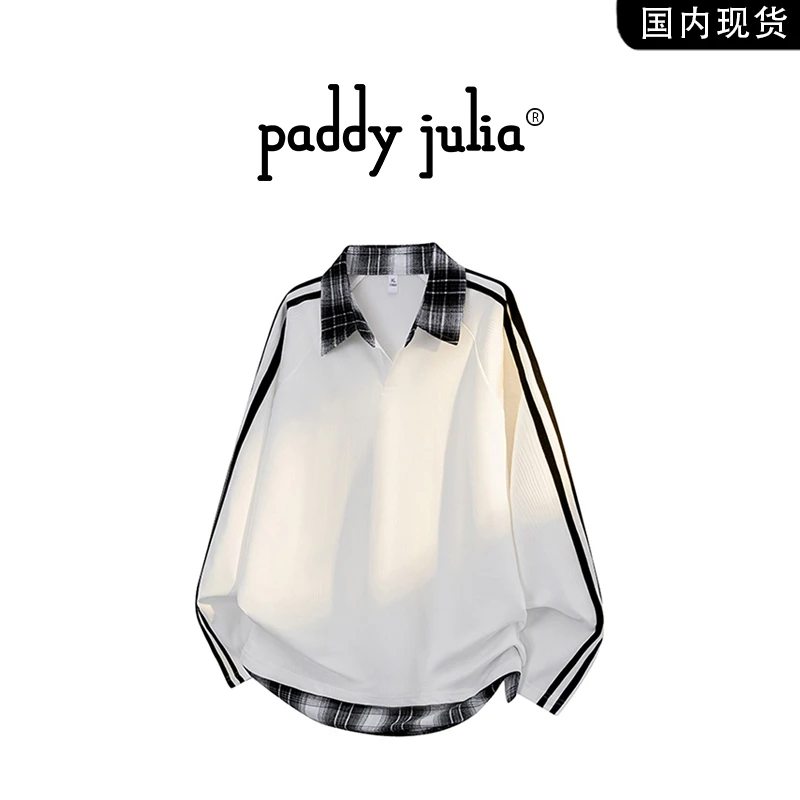 Paddy julia美式肌理感格子拼接长袖T恤男士春秋季宽松假两件上衣