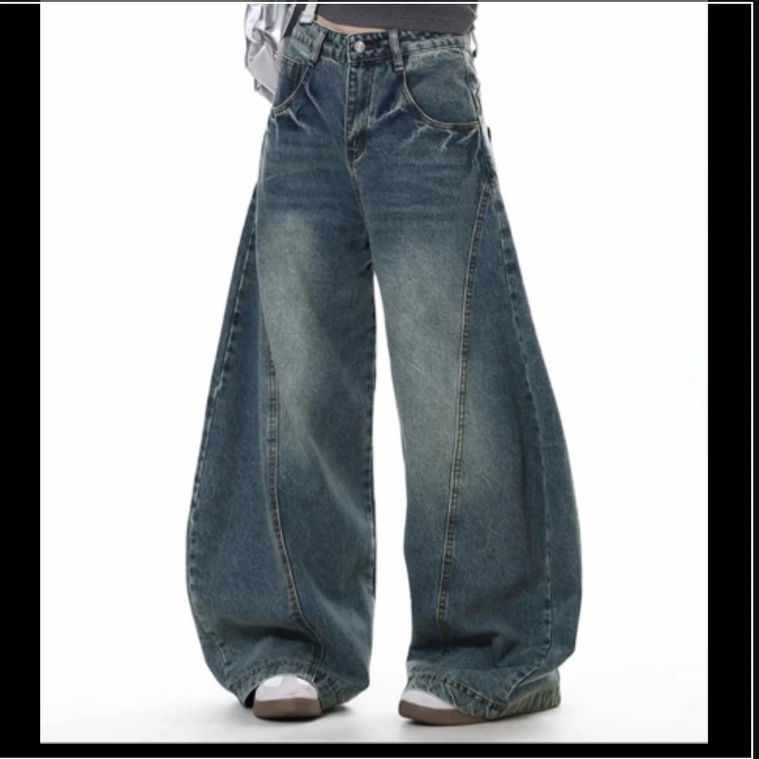 秋季高腰宽松垂感拖地美式复古蓝色弯刀阔腿气球牛仔裤