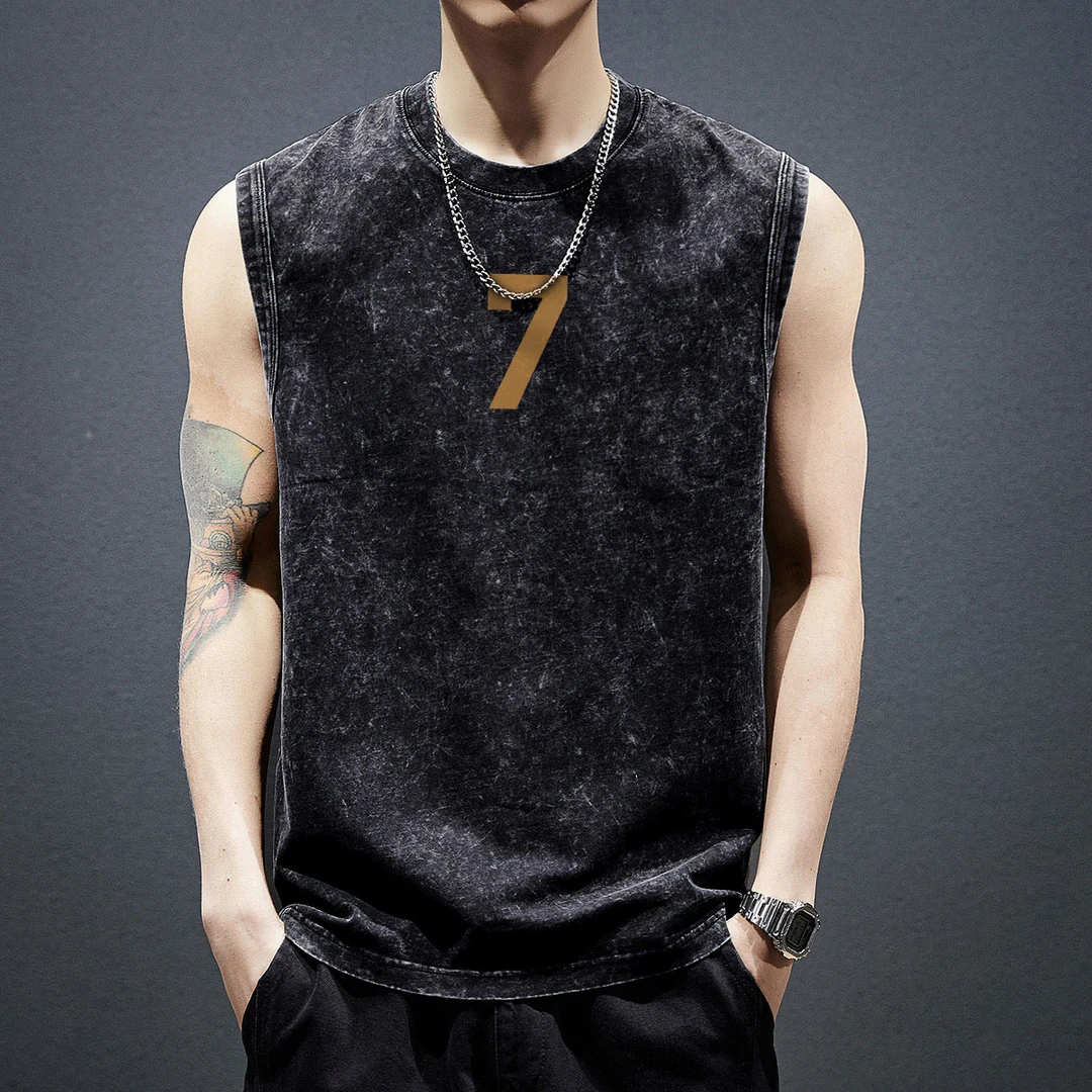 复古无袖T恤男背心水洗做旧英伦宽松高级感男装圆领休闲半袖百搭