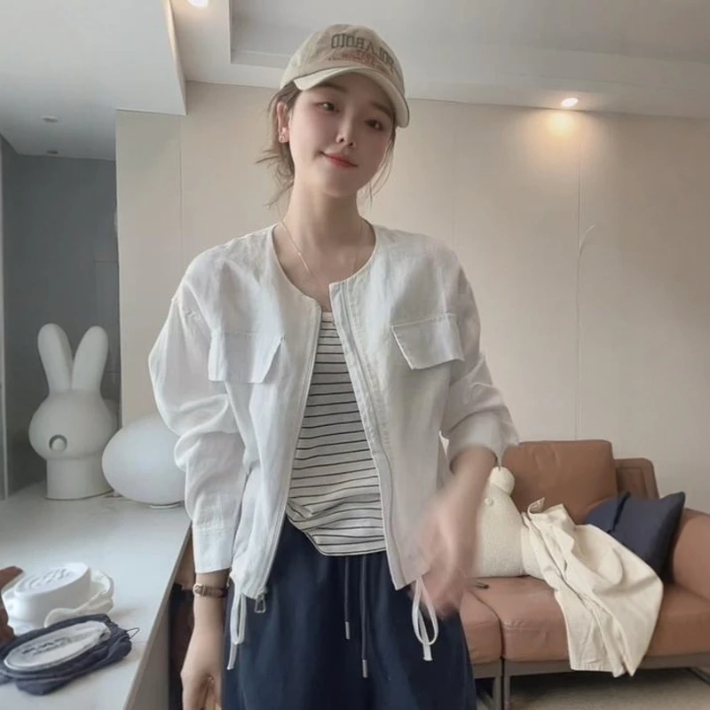 欧洲站2025春季新款欧货简约圆领长袖双口袋盖袖绳时尚防晒外套女