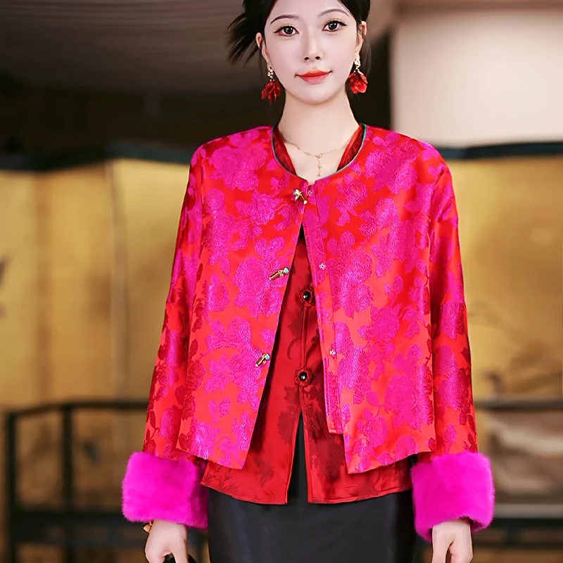 复古日记“五彩祥云”100桑蚕丝提花中式水貂羊绒拜年服外套24HF140