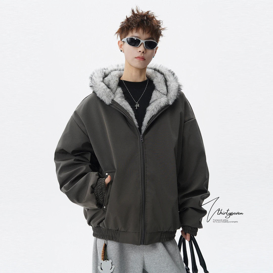 V37美式潮牌重磅毛领连帽座山棉衣男冬季痞帅宽松加厚保暖外套