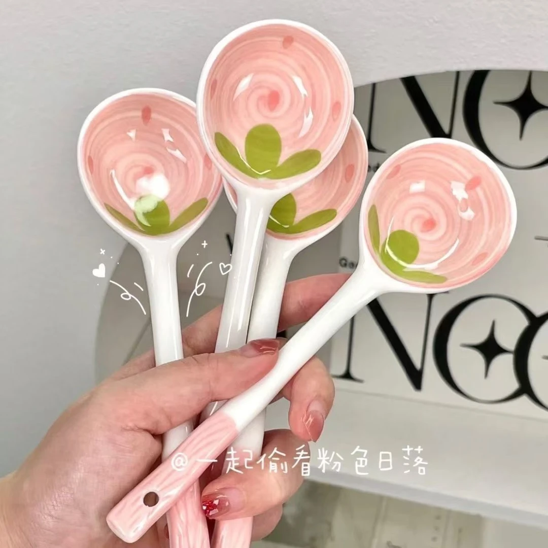 网红陶瓷勺子粉色ins高颜值草莓长柄汤勺家用调羹饭勺少女甜品勺