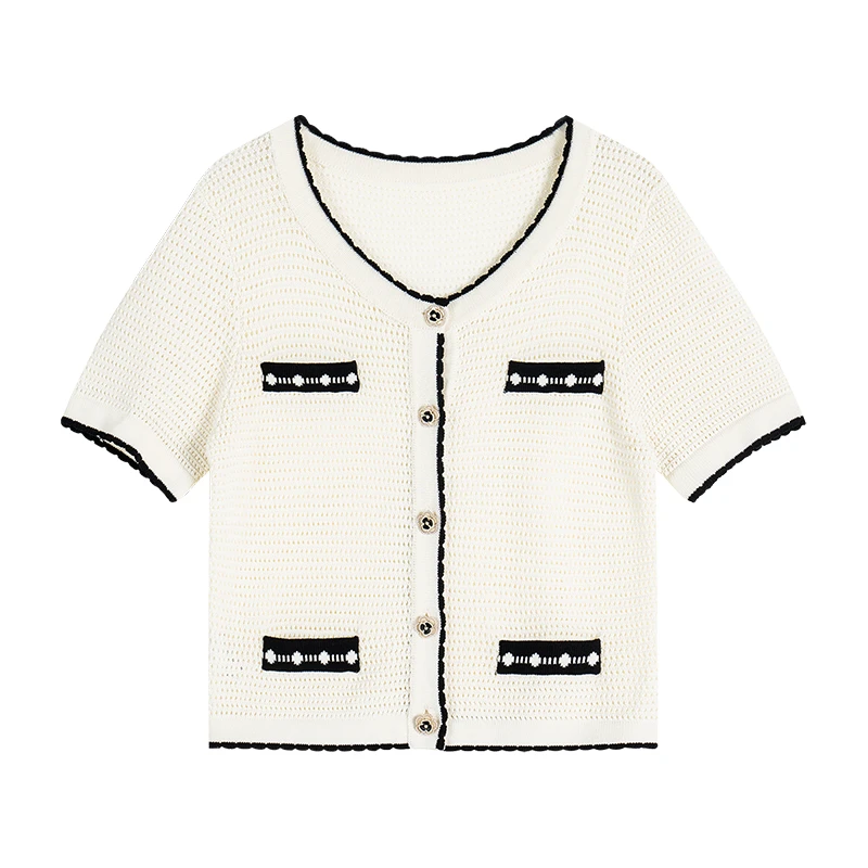 无艳一禾【米兰画报】重磅山造型钻扣黑白拼色小香风上衣