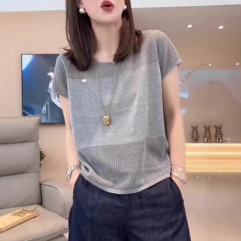 镂空薄款灰色针织衫女大码微胖MM夏季短袖t恤高级感百搭圆领上衣