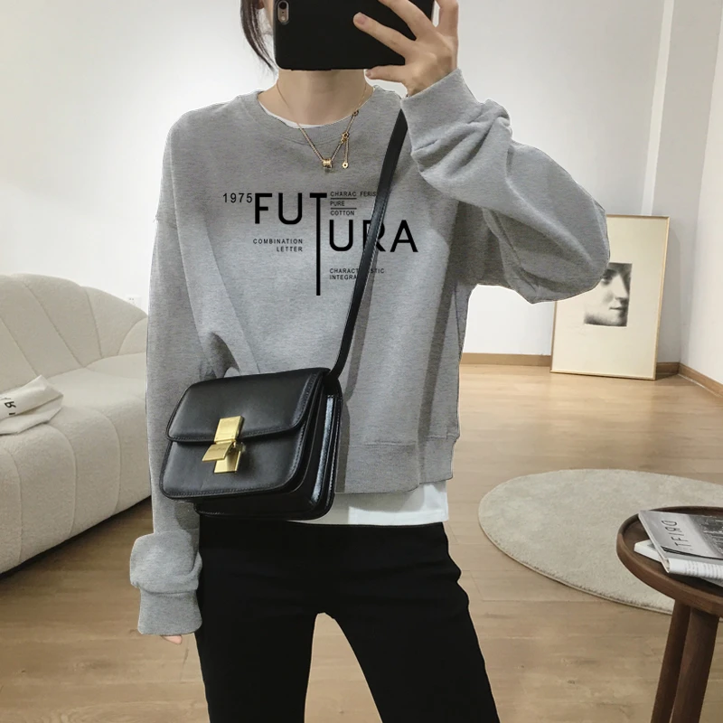 假两件圆领套头短款卫衣女加绒加厚秋冬上衣宽松小个子春秋薄款
