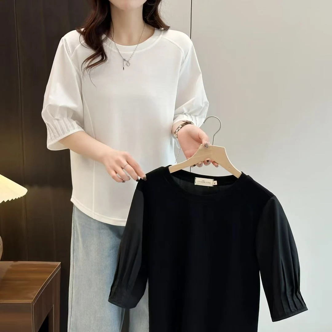 大码夏款新款圆领拼接洋气褶皱五分袖T恤8505（110-200斤）