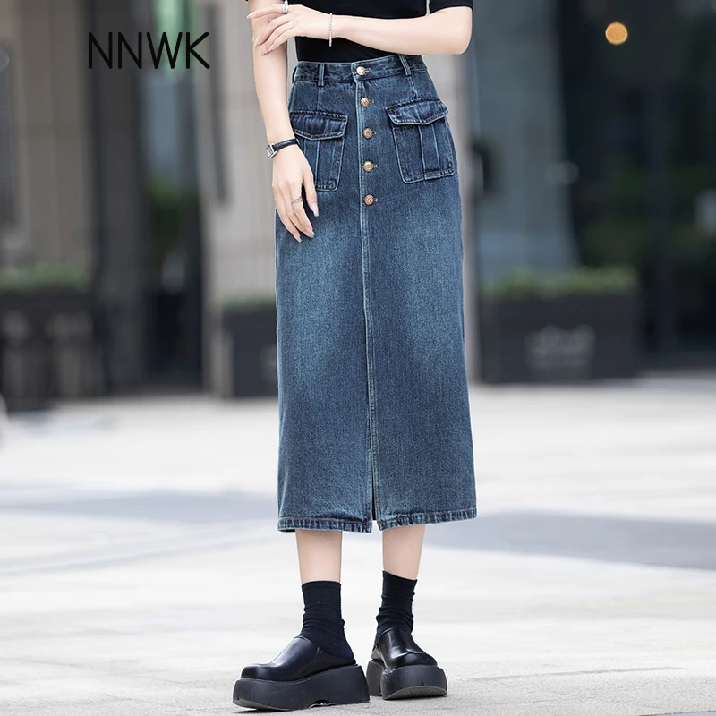怀旧蓝复古风开叉牛仔半身包臀裙女2025春秋新款高腰Aa字中长款裙