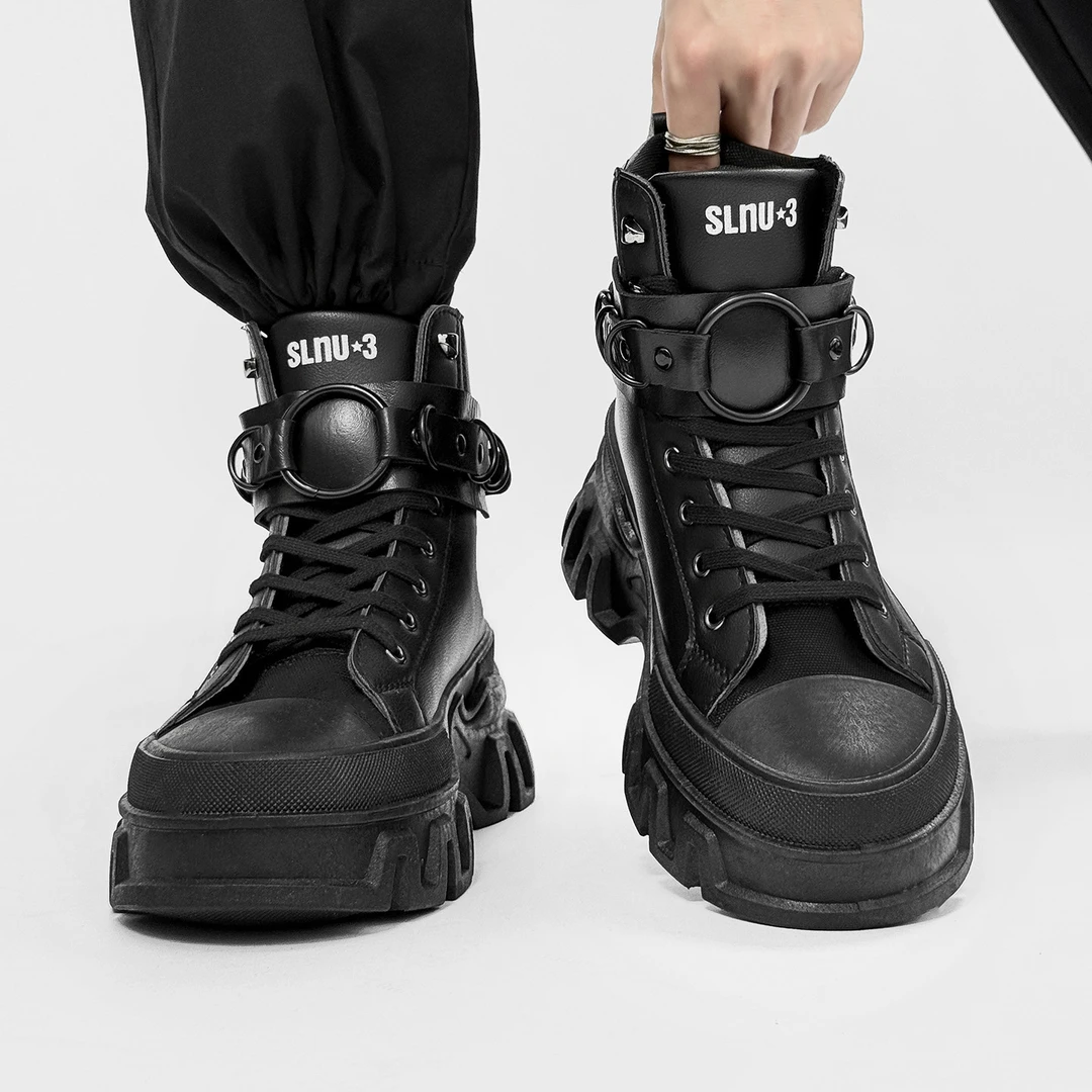 2025秋冬新款朋克风高帮鞋子男百搭厚底增高皮鞋休闲情侣工装潮鞋