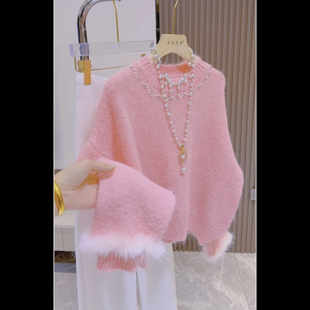 千金风百搭钉珠毛衣女高级感圆领长袖针织衫