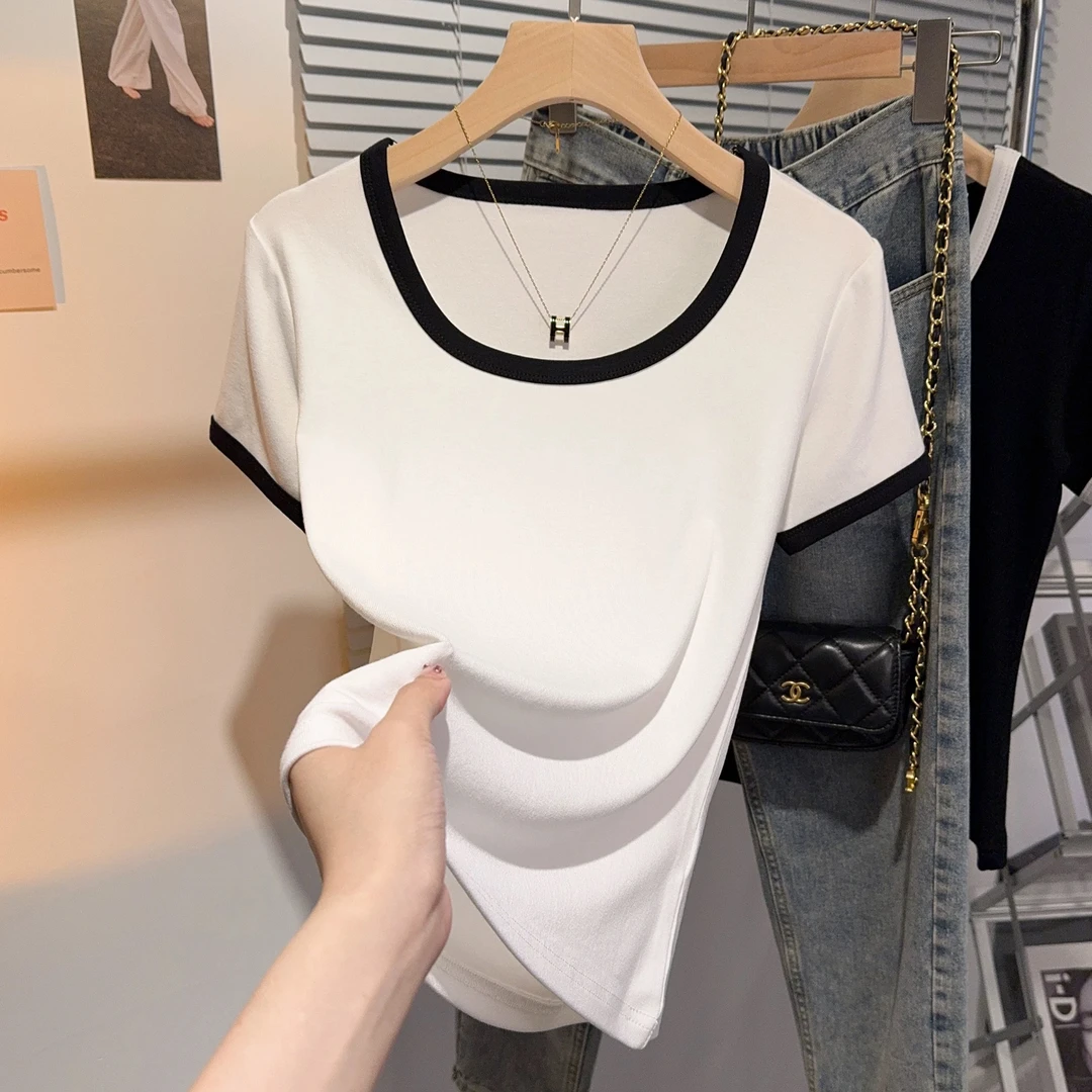 （小酥肉）时尚洋气打底衫修身百搭夏季独特上衣短袖T恤女新款25030