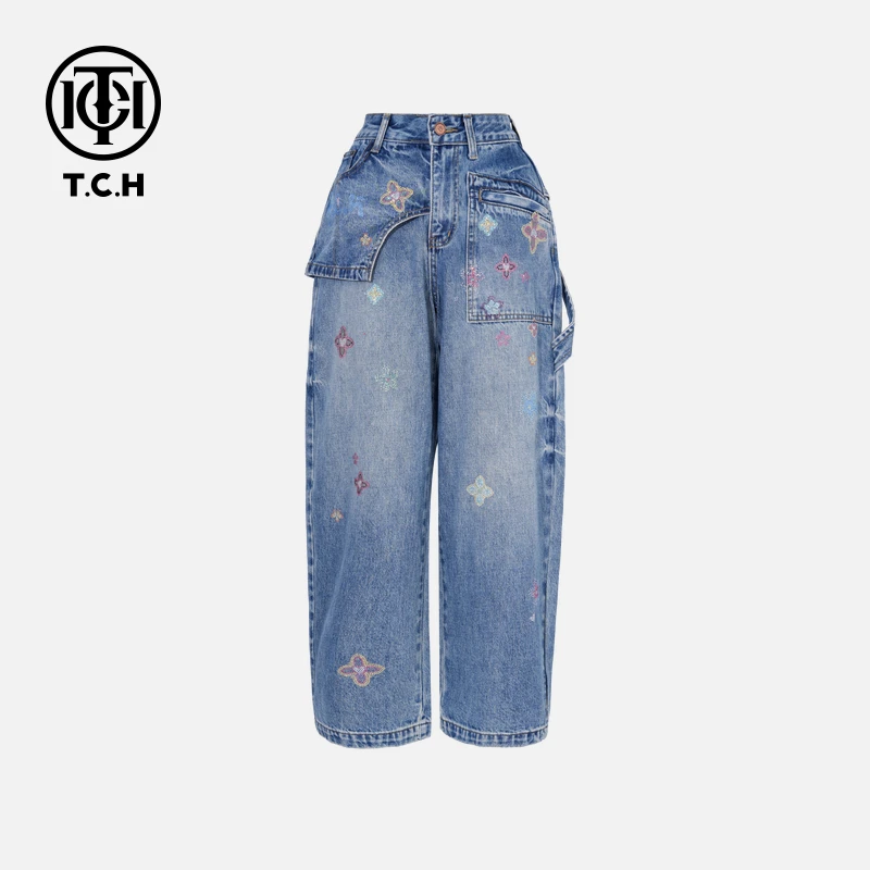 TCH私服秋款烫钻新时尚淑女百搭新潮流牛仔裤T75C20E5047轻奢tch