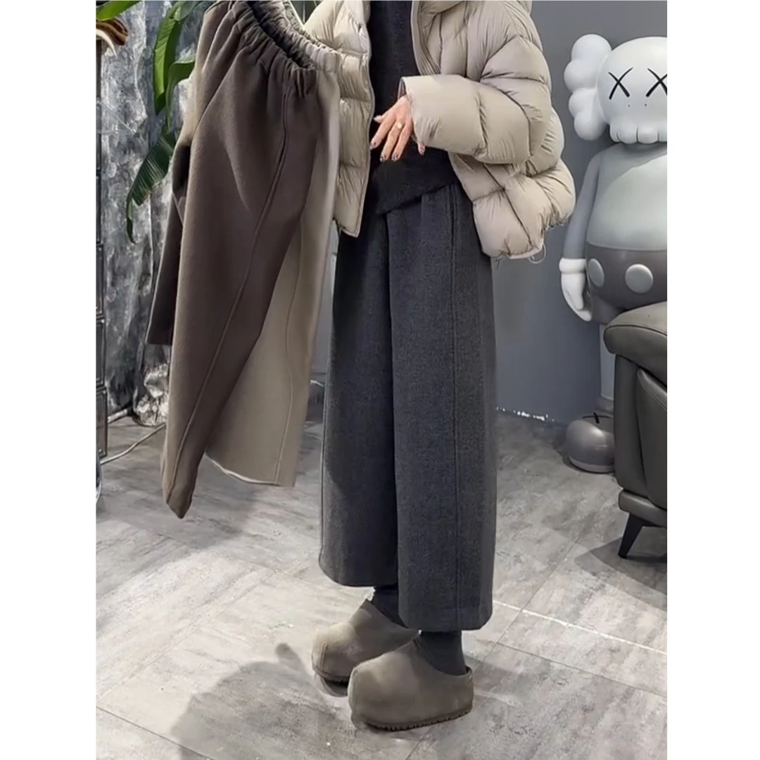 冬季款黑色加绒加厚高腰直筒阔腿裤女大码梨型身材宽松显瘦休闲裤