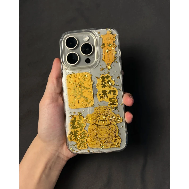 夕与空金箔滴胶中国风财神爷适用苹果16/15/14手机壳13/12/11软壳