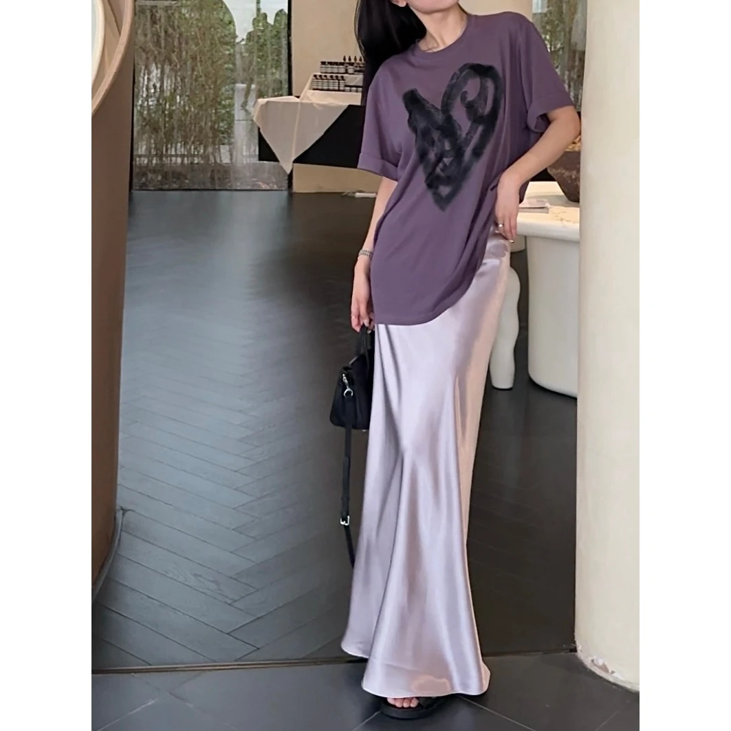 48H【心动 Crush】加长/怒推宽松复古简约爱心涂鸦落肩印花T su205