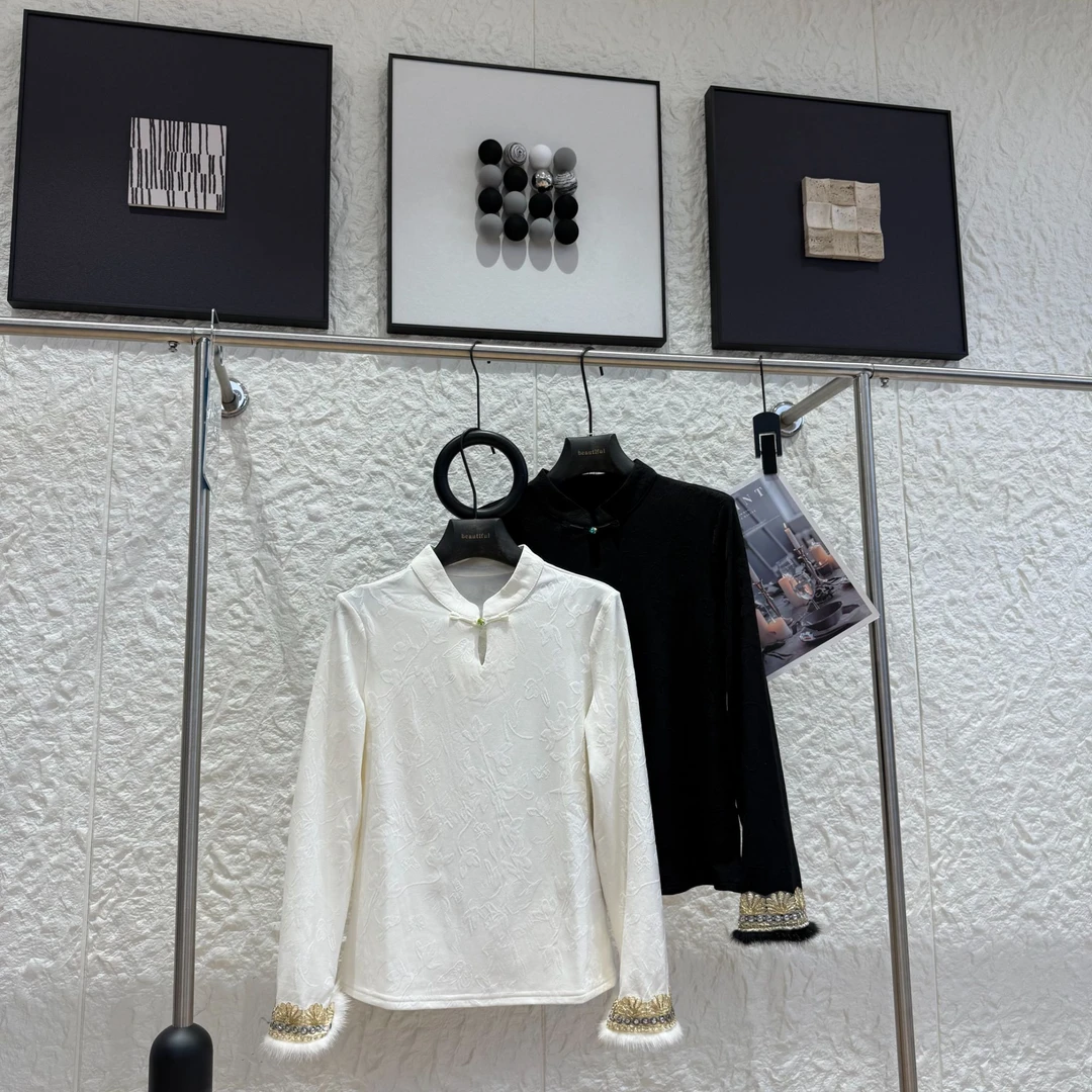 【新中式立领盘扣上衣】毛绒金边袖口 秋冬复古国风长袖内搭-258