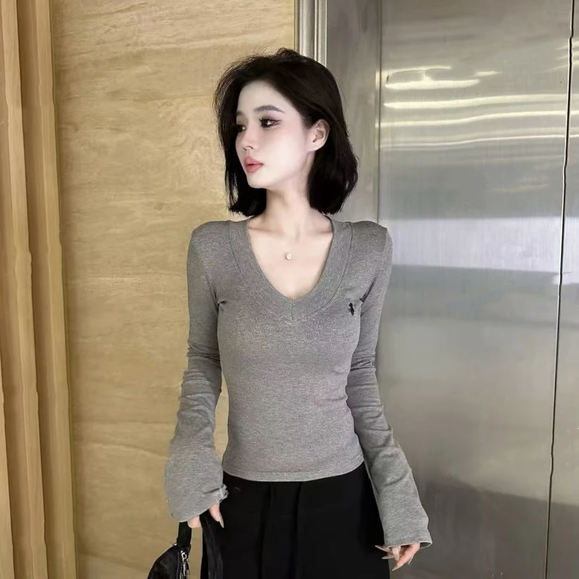 2025早秋新款气质V领刺绣正肩长袖时尚洋气修身显瘦上衣女打底衫