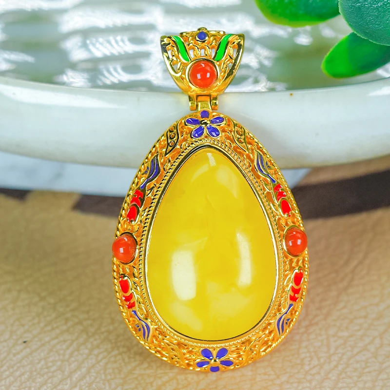 天然蜜蜡银镶嵌新中式国风大气经典蜜蜡蛋面单吊坠