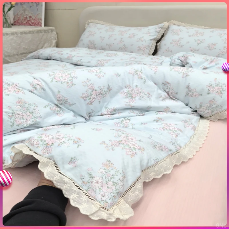 春夏款镂空蕾丝棉花边皱皱纱双层纱布四件套大床单被套韩式小碎花
