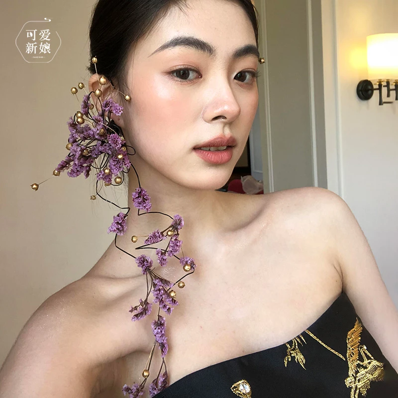合金耳饰 新中式耳饰紫色小众干花耳挂高级晨袍旗袍耳环TF250471