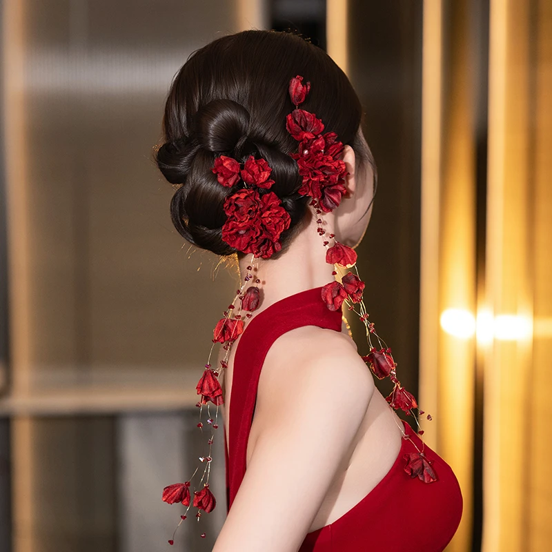 红色敬酒服头饰新娘新中式礼服头饰新娘头饰2025新款高端订婚头饰