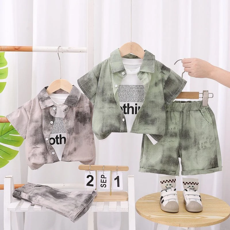 [安安家]宝宝短袖衬衫三件套2025夏季新款婴儿童装衣服帅气夏装