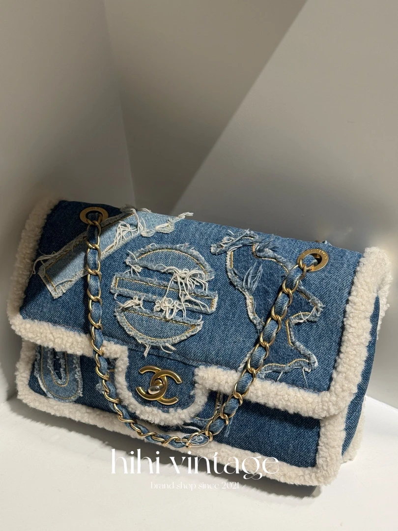 99新 Chanel/香奈儿 19A 蓝色牛仔拼羊羔毛CF 28开14385074