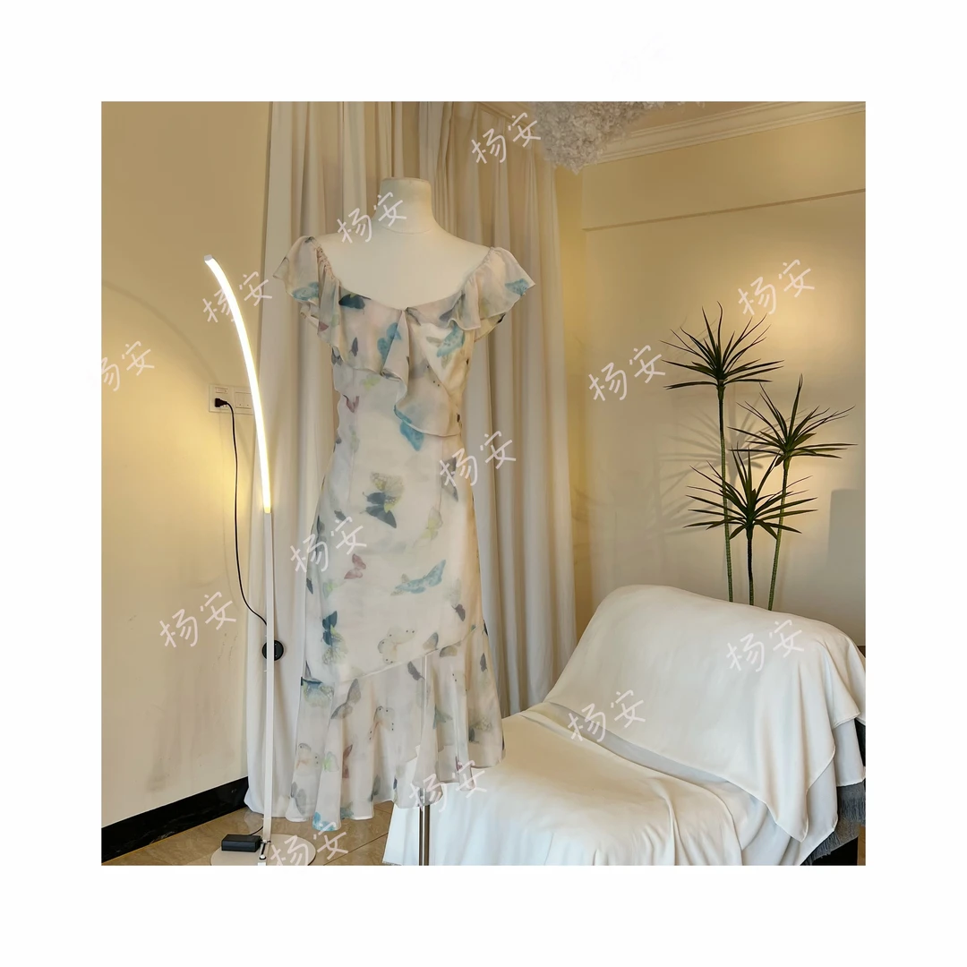 气质名媛方领蝴蝶V领夏季连衣裙时尚印花提花赫本风-41024