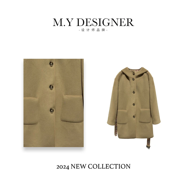 M.Y媛总 冬季中长款长袖单排扣连帽赫本风小个子通勤外套50249