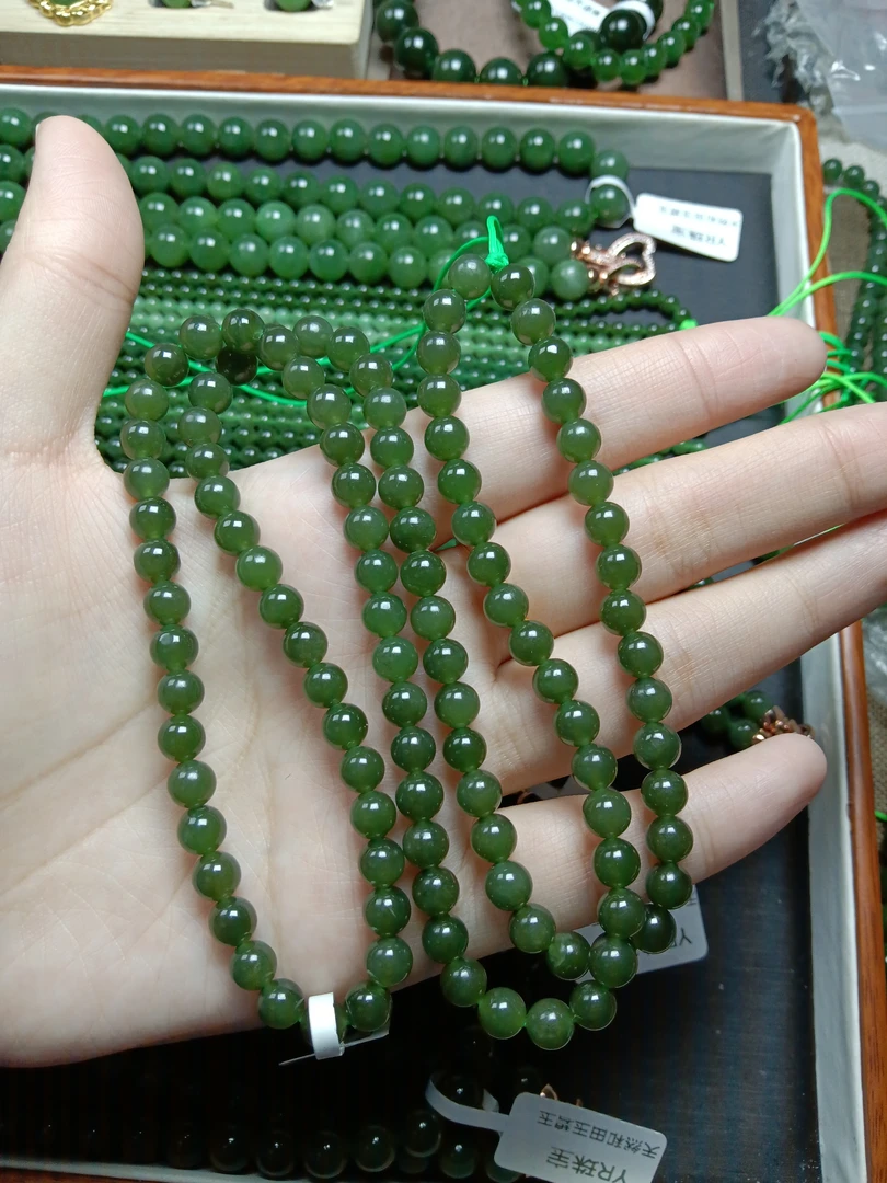 和田玉碧玉6mm妈妈链菠菜绿