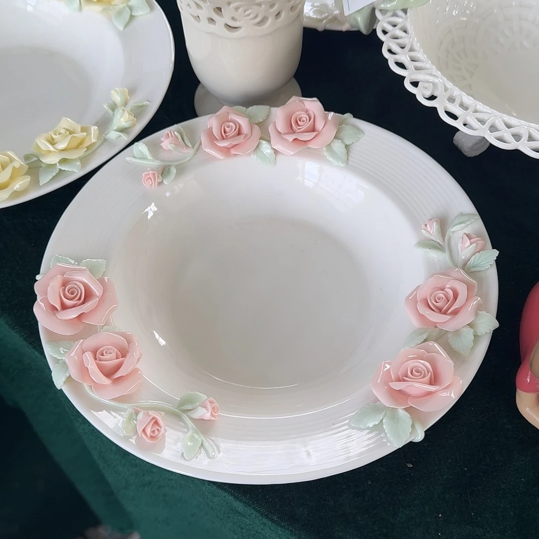 手工捏花粉色玫瑰花草帽深汤盘