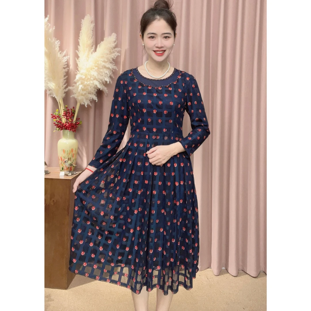 S 1099# 质感修身印花显瘦优雅妈妈装时尚长袖连衣裙 门面款