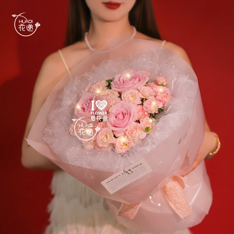 爱花居3枝粉玫瑰混搭鲜花送女生生日花束花全国连锁同城花店鲜花速递