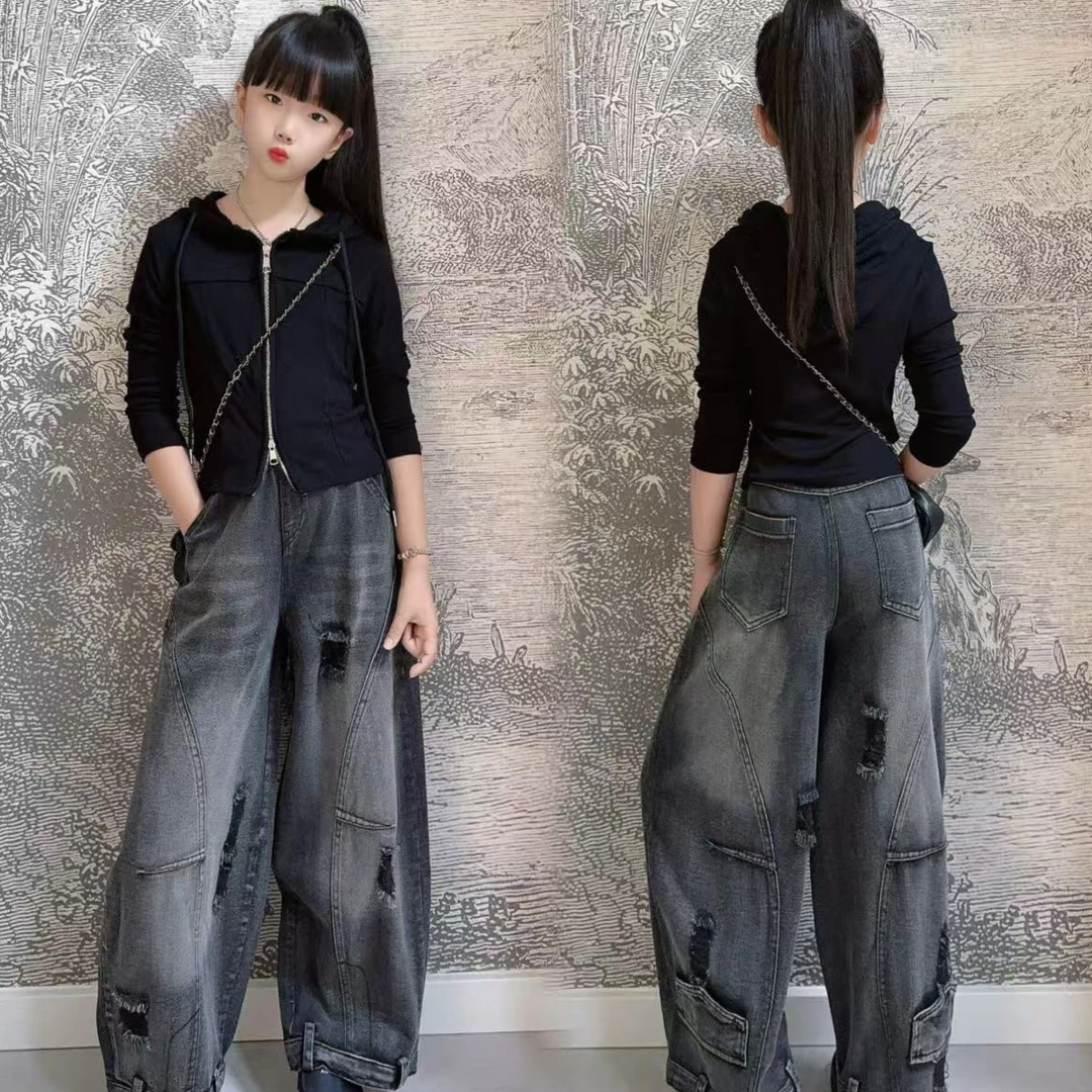 女童秋季个性设计感T恤破洞牛仔弯刀裤爵士舞