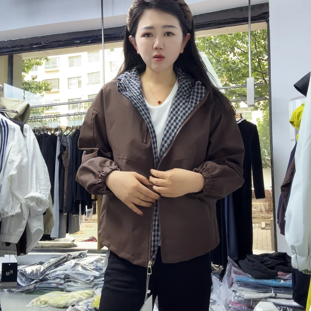 咖色拼格子连帽外套（2563）