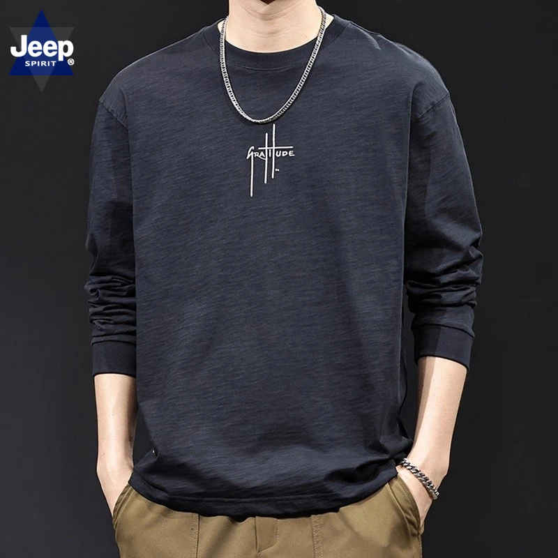 2025新款竹节长袖t恤男士春秋款美式复古圆领打底衫内搭大码