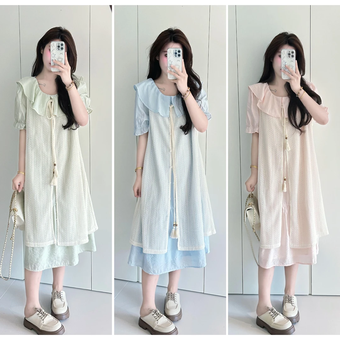 QC李潇洒 微胖夏季娃娃领减龄感连衣裙+镂空针织罩衫2件套