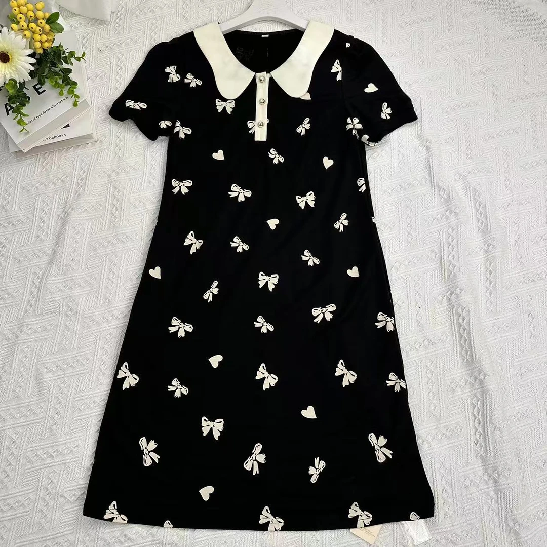 CL037  法式短袖夏季中长裙连衣裙黑色娃娃领工装风珠片