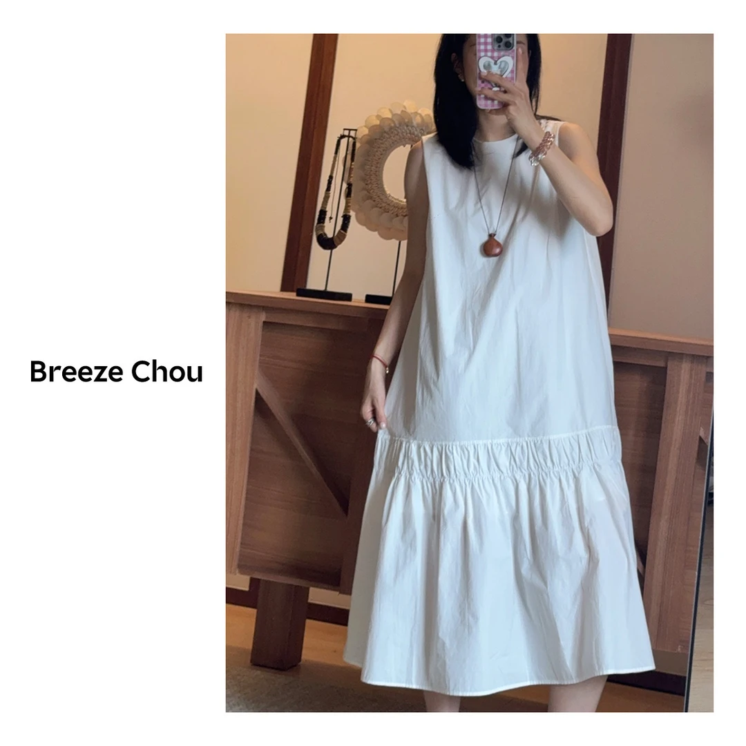 Breeze Chou花苞裙夏季无袖唐风美学宽松白色连衣裙A字裙百搭时尚