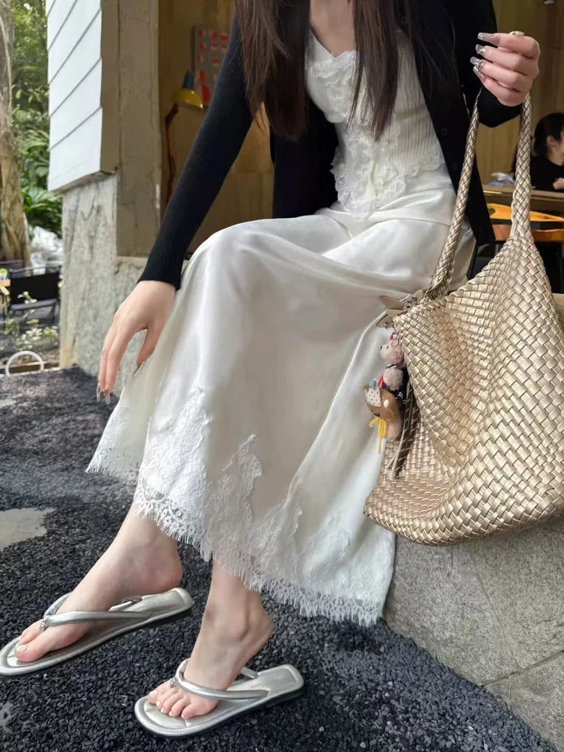 【18351】法式蕾丝边拼接缎面半身裙女春夏高腰显瘦新中式垂感A字裙